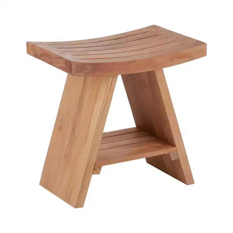 Solid Teak Shower & Bath Stool with Curved Seat and Lower Shelf
