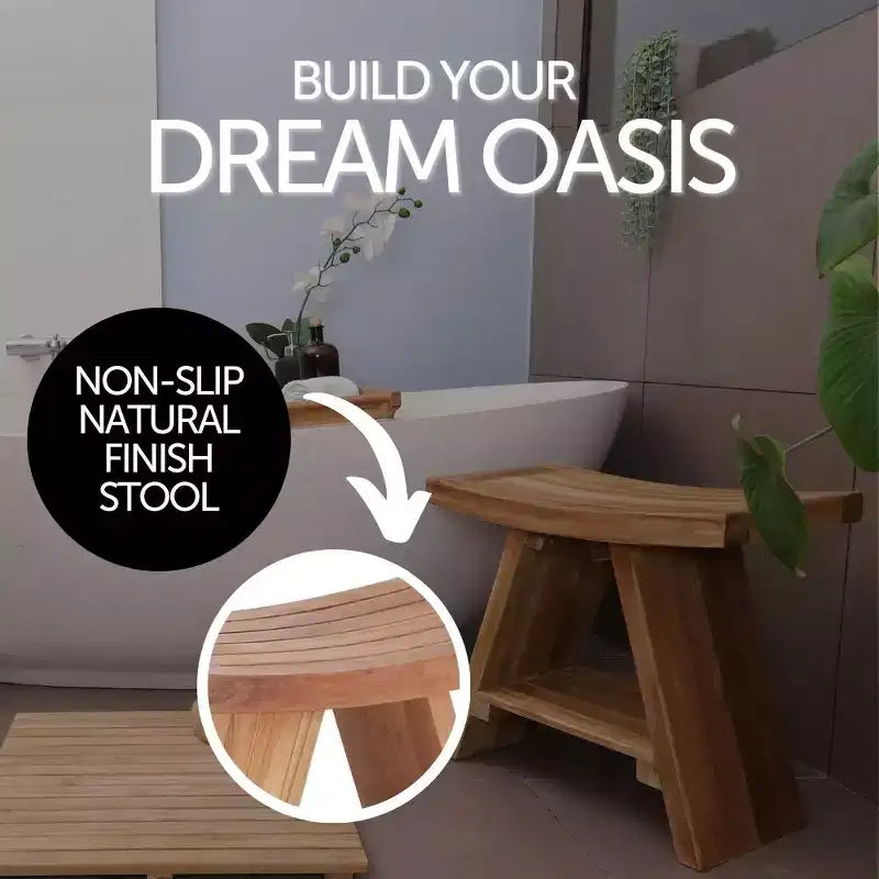 Solid Teak Shower & Bath Stool with Curved Seat and Lower Shelf