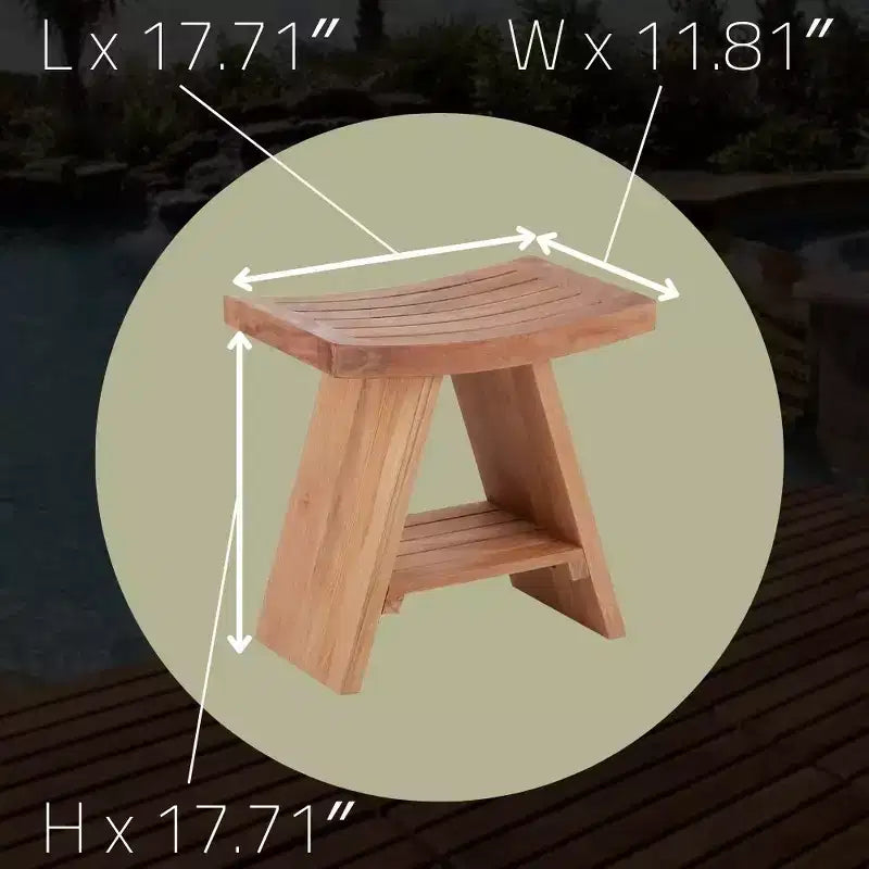 Solid Teak Shower & Bath Stool with Curved Seat and Lower Shelf