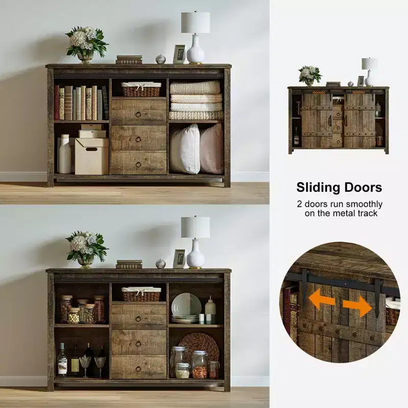 Hausource 3 Drawers Kitchen Storage Cabinet Sideboard Buffet Cupboard Sliding Barn Door