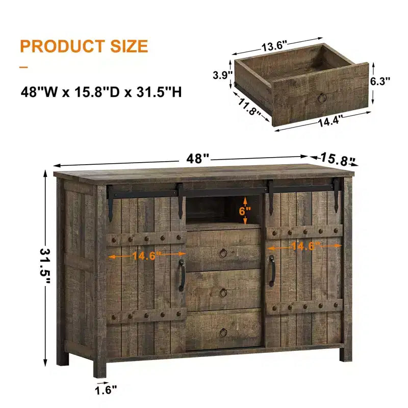 Hausource 3 Drawers Kitchen Storage Cabinet Sideboard Buffet Cupboard Sliding Barn Door