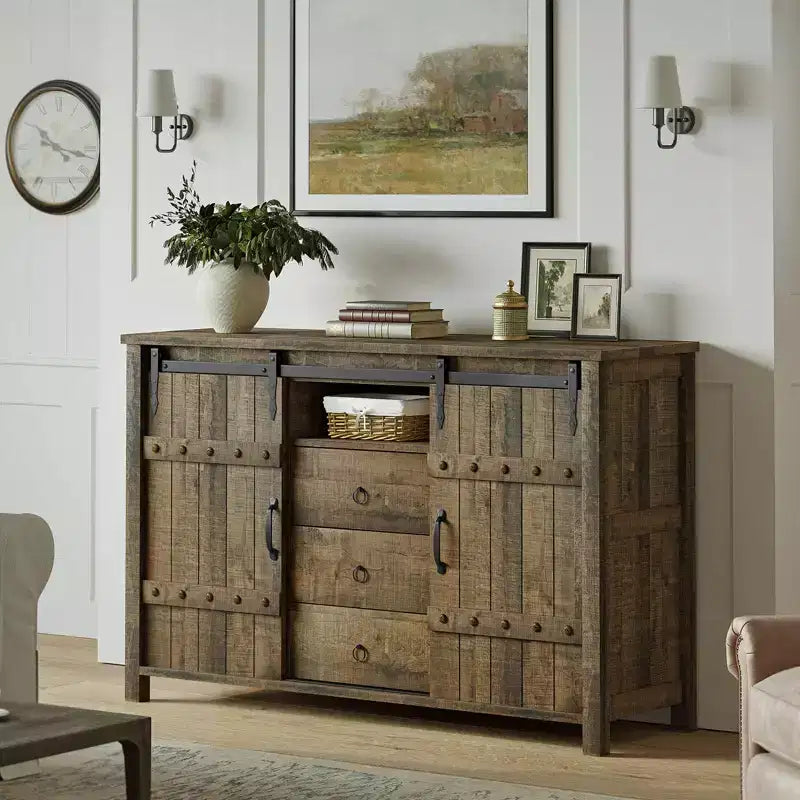 Hausource 3 Drawers Kitchen Storage Cabinet Sideboard Buffet Cupboard Sliding Barn Door