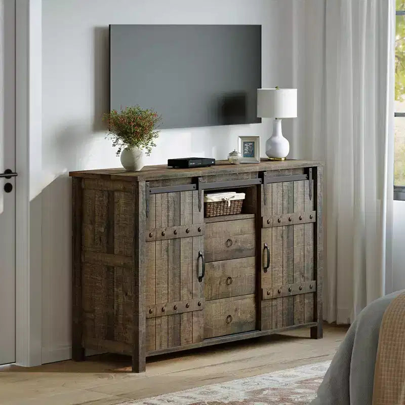 Hausource 3 Drawers Kitchen Storage Cabinet Sideboard Buffet Cupboard Sliding Barn Door