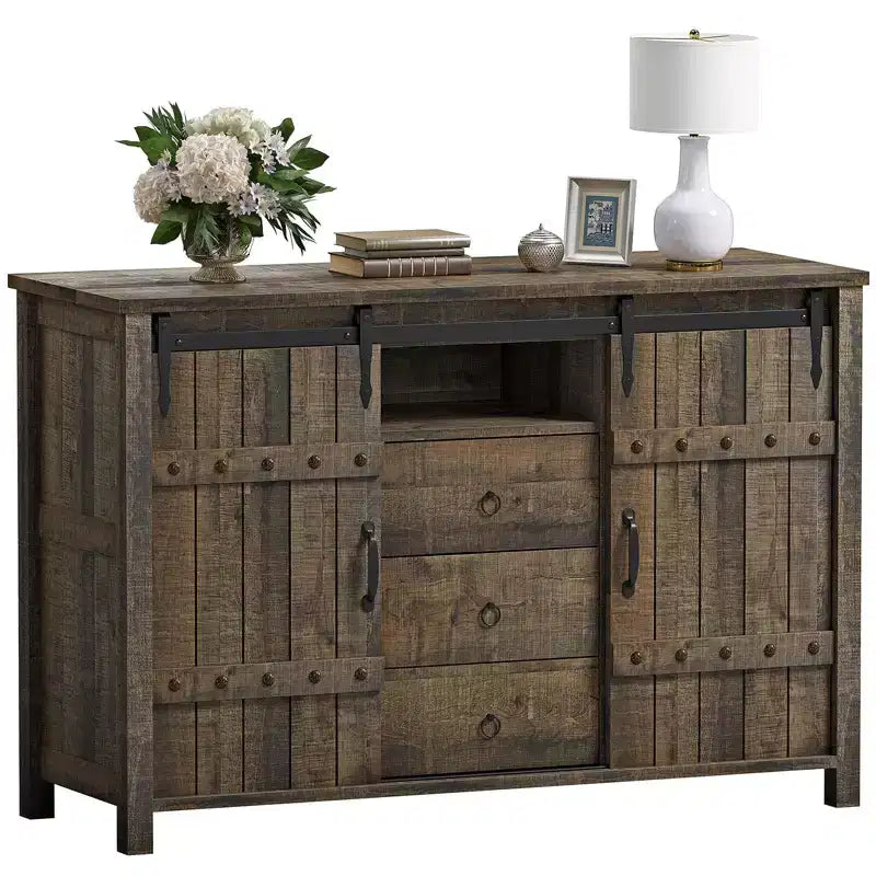 Hausource 3 Drawers Kitchen Storage Cabinet Sideboard Buffet Cupboard Sliding Barn Door