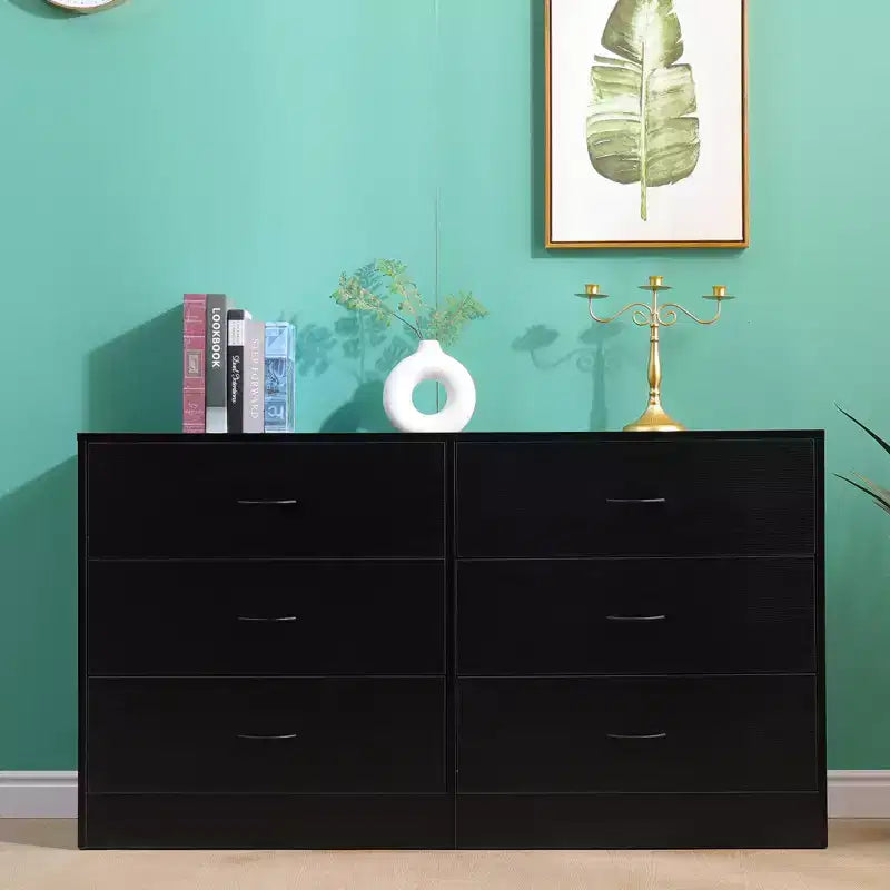 6 Drawer Dresser for Bedroom Wide Modern Chest of Drawers Steel Frame MDF Storage Black