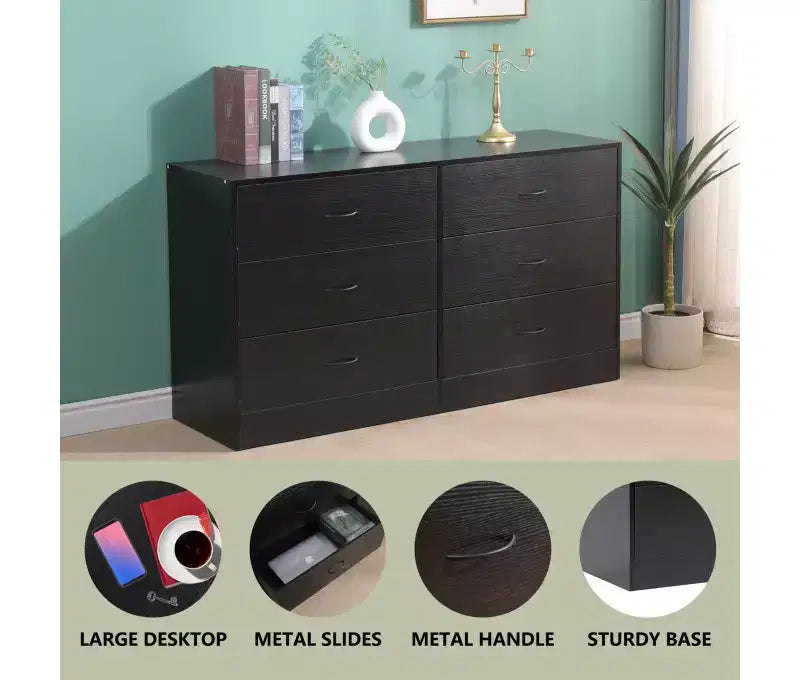 6 Drawer Dresser for Bedroom Wide Modern Chest of Drawers Steel Frame MDF Storage Black