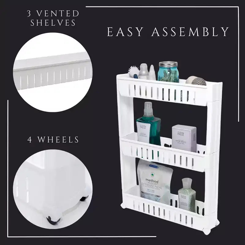 Evideco French Home Goods Multi-Purpose Slim Rolling Cart - 3-Tier Utility Organizer for Bathroom, Kitchen & Dorm - Available in White, Grey, Black