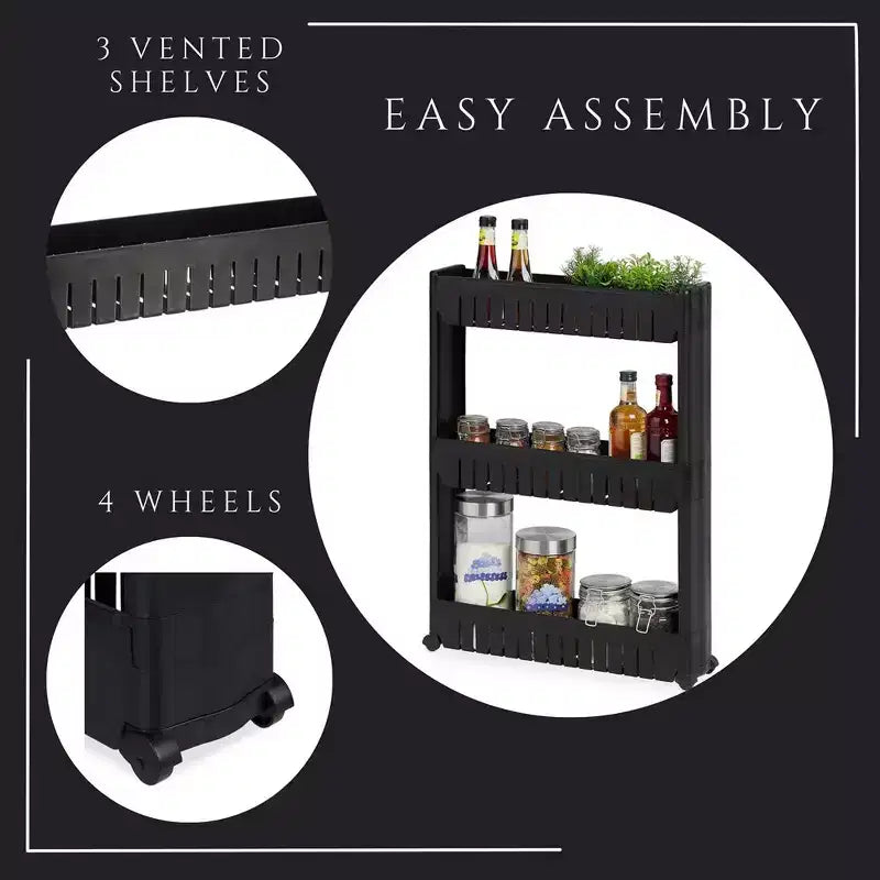 Evideco French Home Goods Multi-Purpose Slim Rolling Cart - 3-Tier Utility Organizer for Bathroom, Kitchen & Dorm - Available in White, Grey, Black