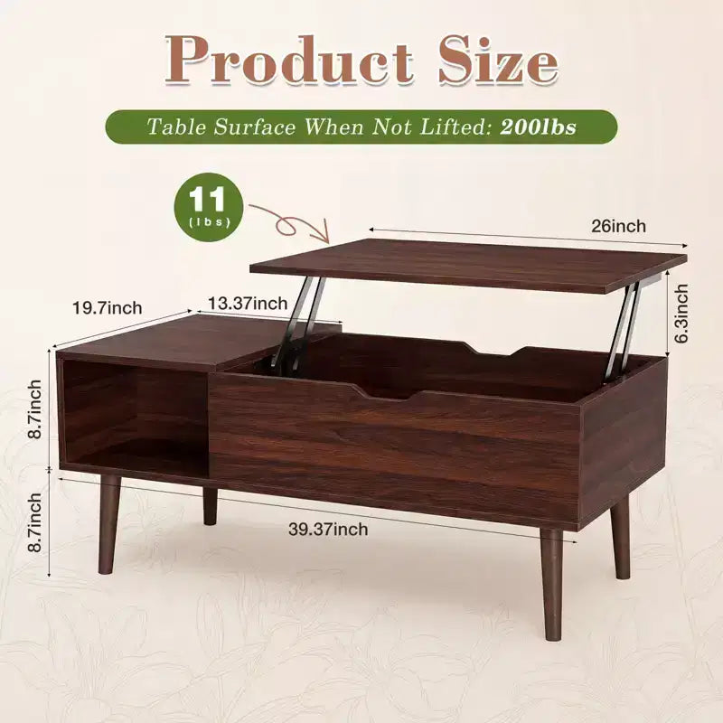 JIONJOY Lift Top Coffee Table with Hidden Storage, Wood Legs for Living Room, Small Spaces - Easy Clean