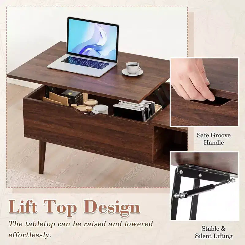 JIONJOY Lift Top Coffee Table with Hidden Storage, Wood Legs for Living Room, Small Spaces - Easy Clean