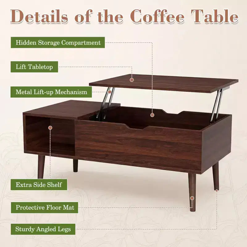 JIONJOY Lift Top Coffee Table with Hidden Storage, Wood Legs for Living Room, Small Spaces - Easy Clean