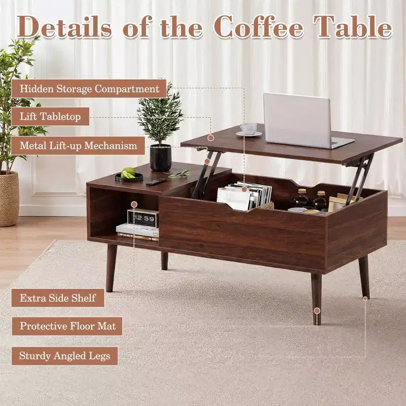 JIONJOY Lift Top Coffee Table with Hidden Storage, Wood Legs for Living Room, Small Spaces - Easy Clean