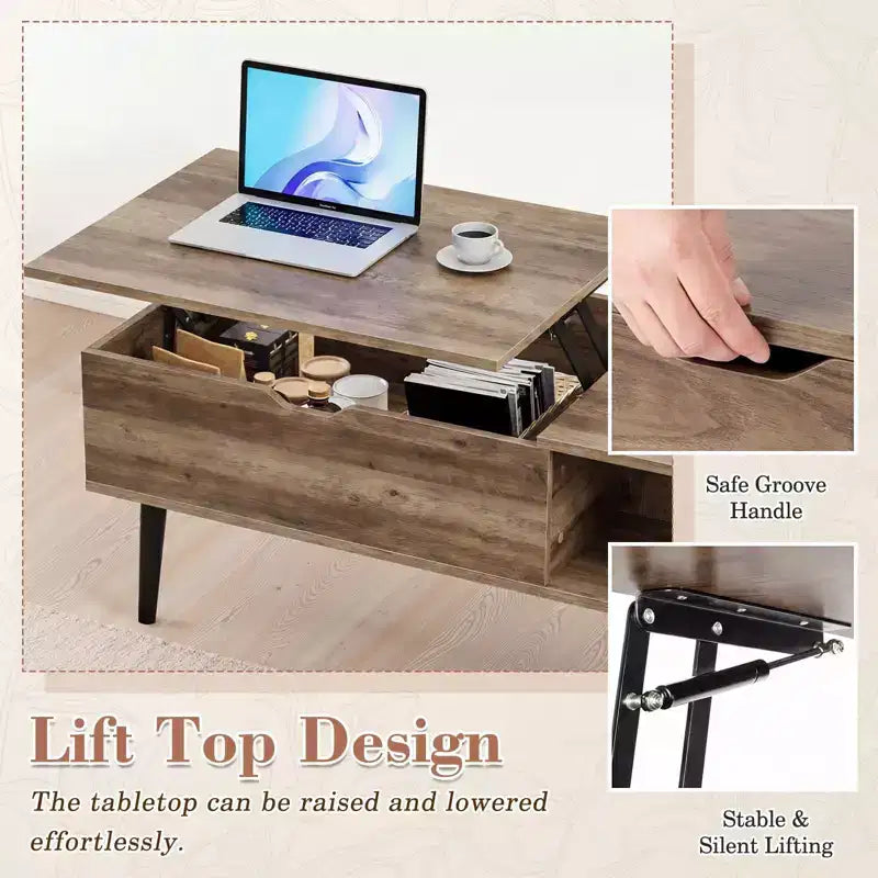 JIONJOY Lift Top Coffee Table with Hidden Storage, Wood Legs for Living Room, Small Spaces - Easy Clean
