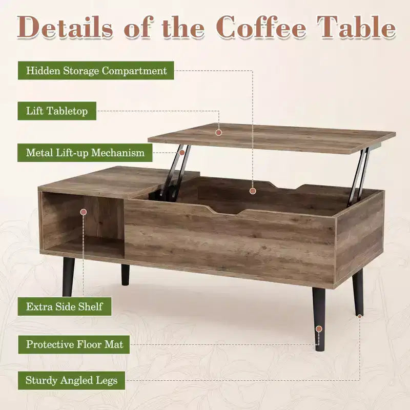 JIONJOY Lift Top Coffee Table with Hidden Storage, Wood Legs for Living Room, Small Spaces - Easy Clean