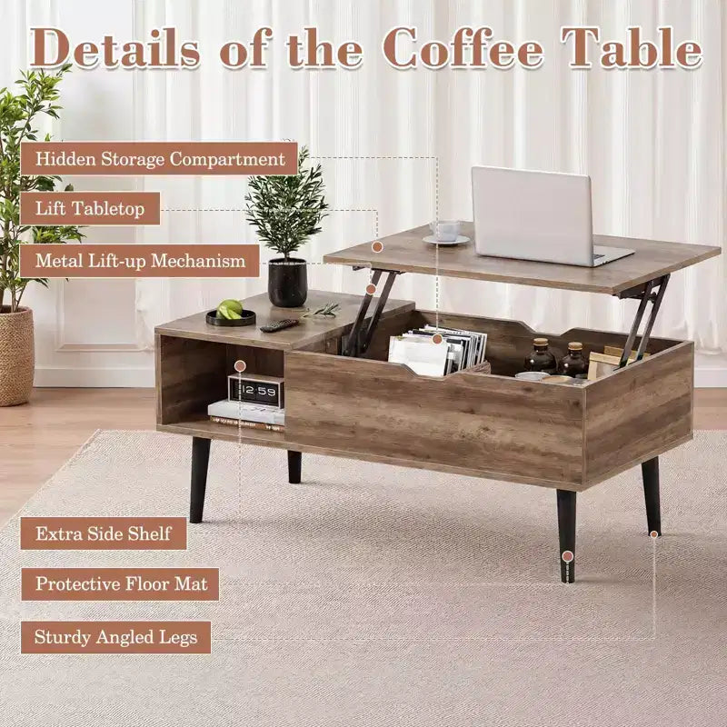 JIONJOY Lift Top Coffee Table with Hidden Storage, Wood Legs for Living Room, Small Spaces - Easy Clean