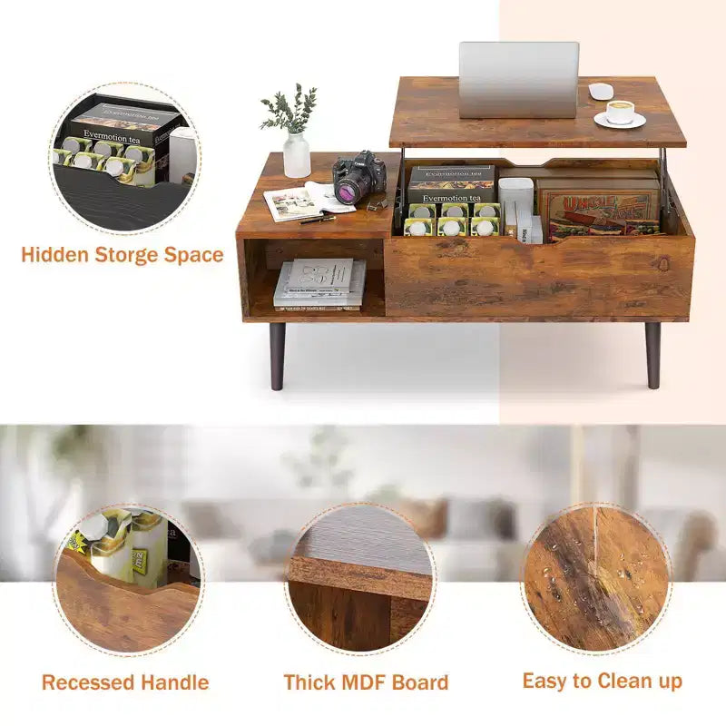 JIONJOY Lift Top Coffee Table with Hidden Storage, Wood Legs for Living Room, Small Spaces - Easy Clean